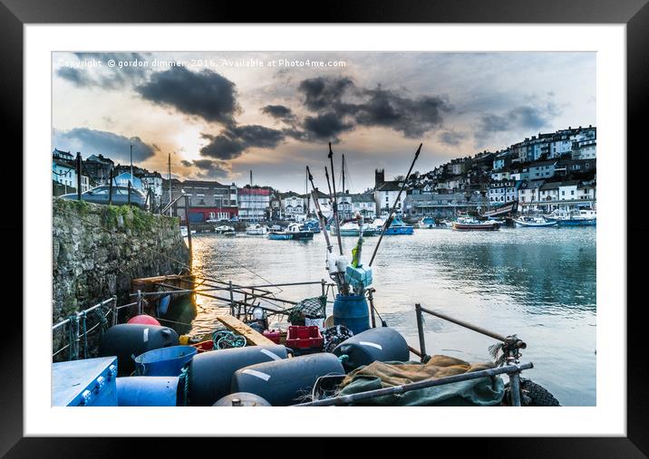 Brixham Harbour with Fishing Equipment Framed Mounted Print by Gordon Dimmer