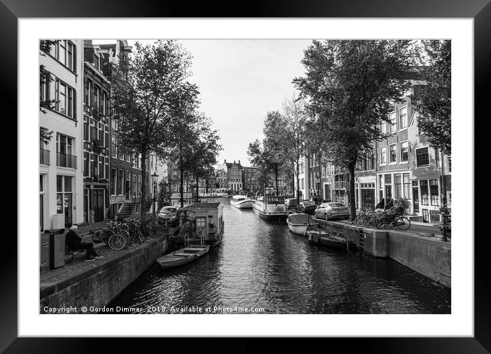 Amsterdam Canal in Black and White Framed Mounted Print by Gordon Dimmer