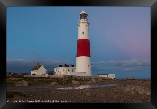 Portland Bill Lighthouse reflections. Framed Print by Paul Brewer