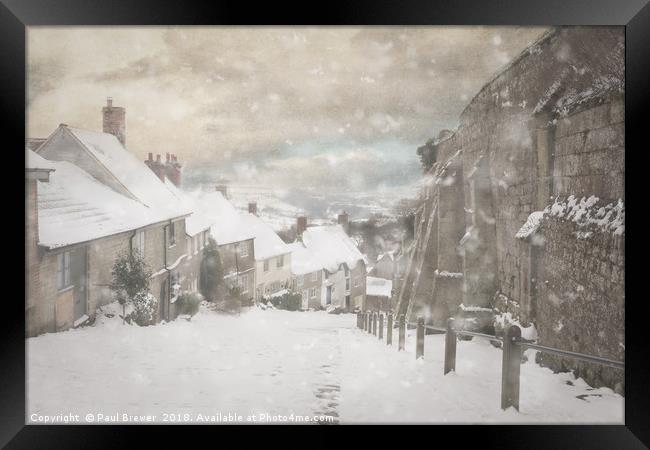 Shaftesbury Gold Hill in Snow Framed Print by Paul Brewer
