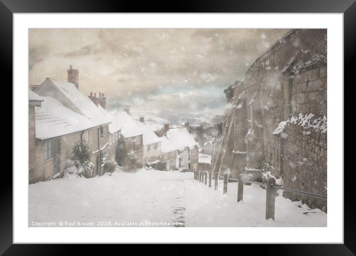 Shaftesbury Gold Hill in Snow Framed Mounted Print by Paul Brewer