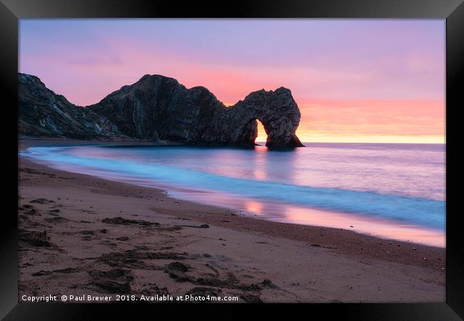 Durdle Door at Sunrise Framed Print by Paul Brewer