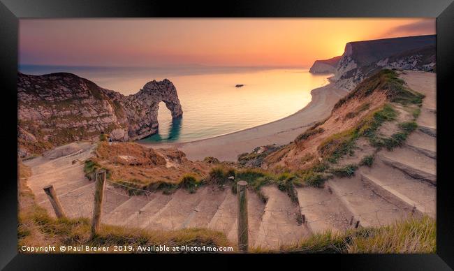 Sunset over Durdle Door Dorset Framed Print by Paul Brewer