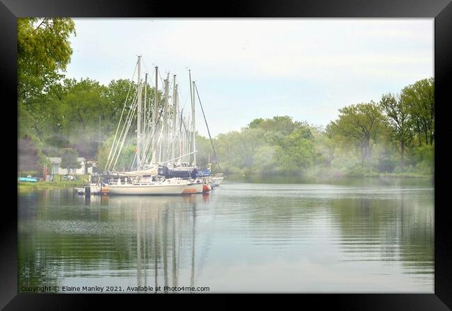 Sailboats on a Misty Canal Framed Print by Elaine Manley