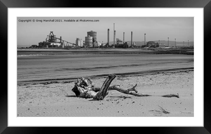 Redcar Steel works and a dead tree - mono beach sc Framed Mounted Print by Greg Marshall