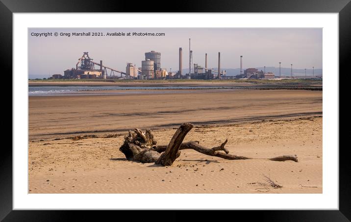 Redcar Steel works and a dead tree - a beach scene Framed Mounted Print by Greg Marshall