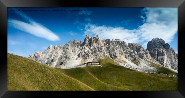 Mountain peaks Via Ferrata near Paso Gardena, Dolomites Italy Framed Print by Greg Marshall