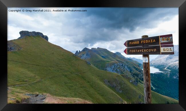 This way to Passo Fedaia Dolomites Italy Framed Print by Greg Marshall
