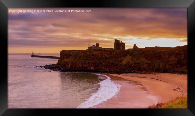 Sunset over Tynemouth Lighthouse Priory and Castle Ruins Framed Print by Greg Marshall