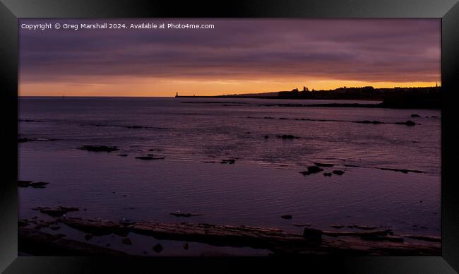 Tynemouth Lighthouse sunset from Whitley Bay Framed Print by Greg Marshall