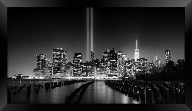 Manhattan Tribute in Light 9/11 Night  Framed Print by Greg Marshall