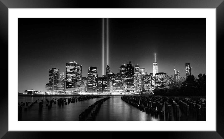 Manhattan Tribute in Light 9/11 Night  Framed Mounted Print by Greg Marshall