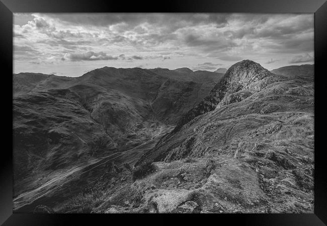 View of Pike o' Stickle and Crinkle Crags black Framed Print by Greg Marshall