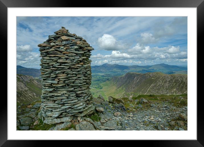 Dale Head summit cairn, Newlands Horseshoe, Lake D Framed Mounted Print by Greg Marshall