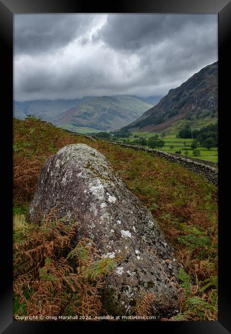 Langdale Valley Lake District in the rain Framed Print by Greg Marshall