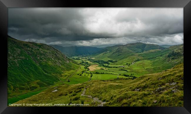 Langdale Valley Lake District in the rain Framed Print by Greg Marshall