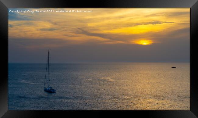 Yacht at sunset, Mallorca Framed Print by Greg Marshall