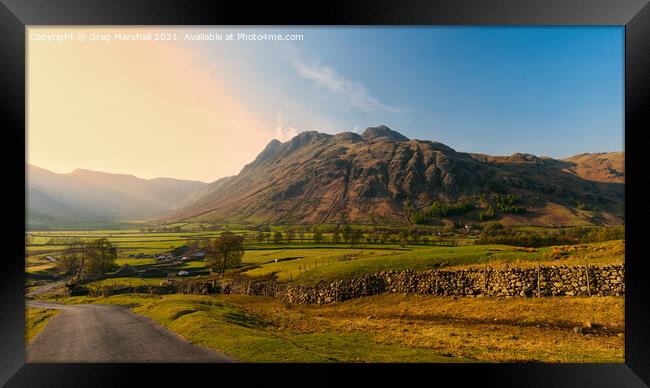 Langdale Pikes at sunset Framed Print by Greg Marshall