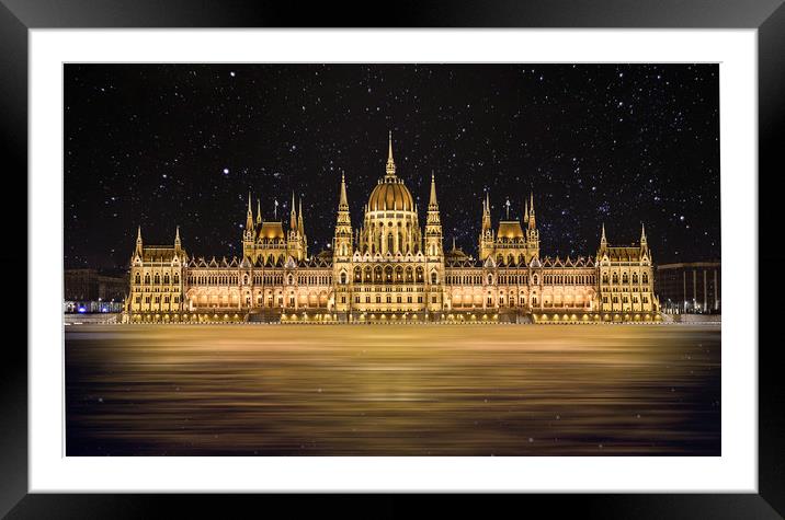 Budapest Parliament Building At Night Framed Mounted Print by Andrew Squires