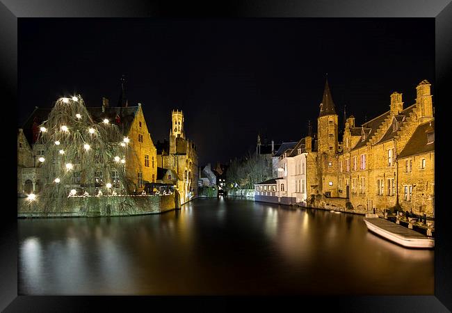 Bruges Dijver Canel At Night Framed Print by Malcolm Wood