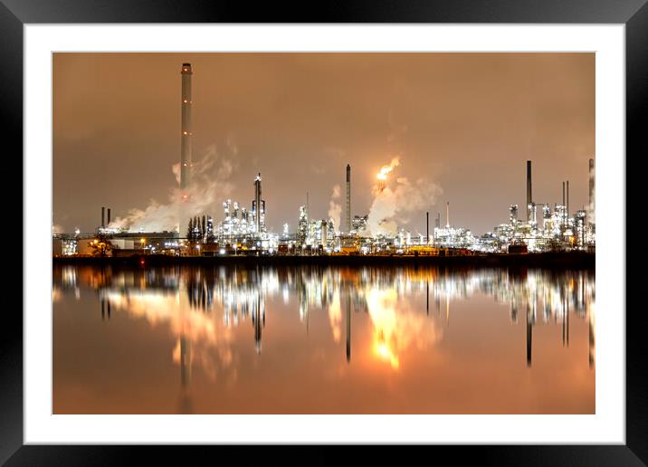 Refineries reflection and its chimney during the on fire sunset golden hour moment at Rotterdam, Netherlands Framed Mounted Print by Ankor Light