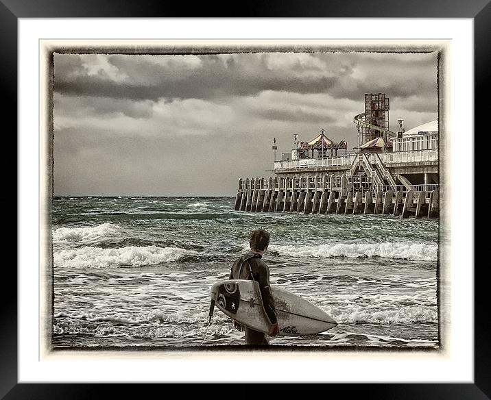 Surfer by Pier Framed Mounted Print by Jennie Franklin