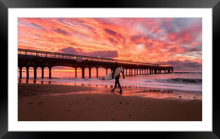 Surfer at Sunrise Bournemouth Beach Framed Mounted Print by Jennie Franklin