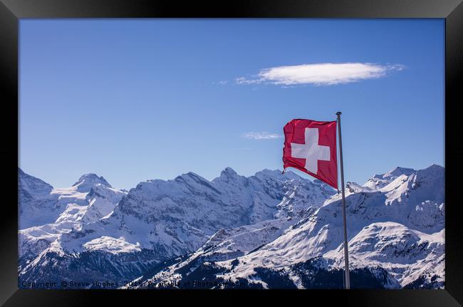 Swiss flag flying high Framed Print by Steve Hughes