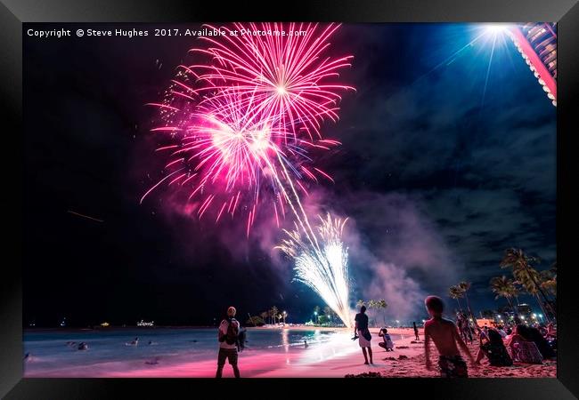 Fireworks on Waikiki beach Framed Print by Steve Hughes