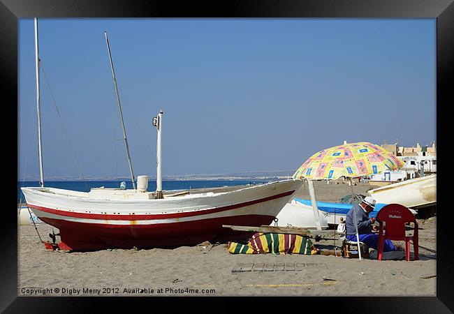 Boat & Umbrella Framed Print by Digby Merry