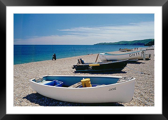 Beesands beach, fisherman and boats Framed Mounted Print by Simon Armstrong
