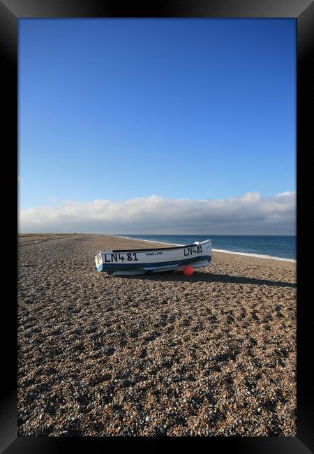 Fishing boat, Cley Beach Framed Print by Kathy Simms