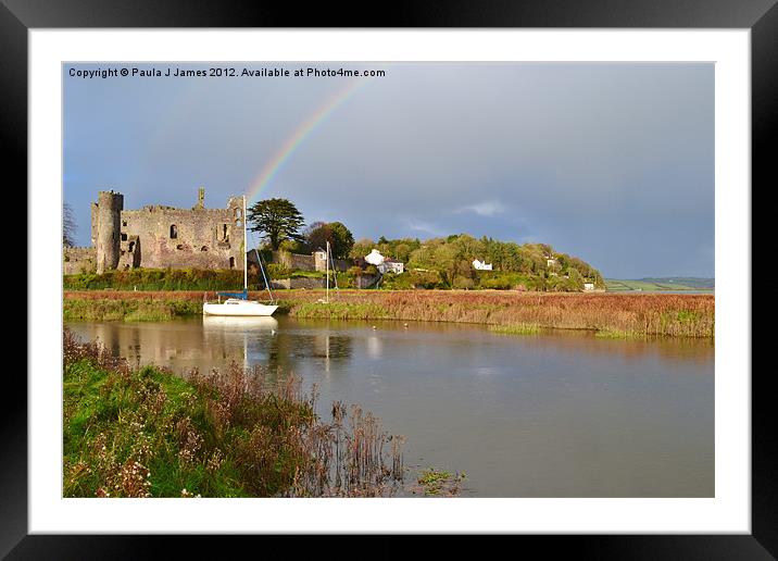Rainbow over Laugharne Castle Framed Mounted Print by Paula J James