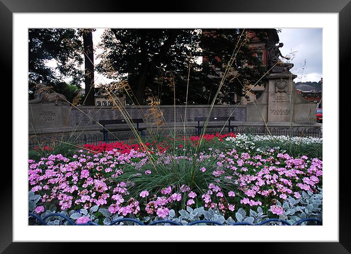 Flowers and monument of Stalybridge Framed Mounted Print by JEAN FITZHUGH