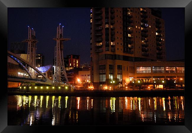 Salford Quays at night Framed Print by JEAN FITZHUGH