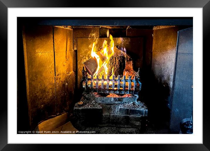 English Pub Traditional Log Fire Framed Mounted Print by David Pyatt