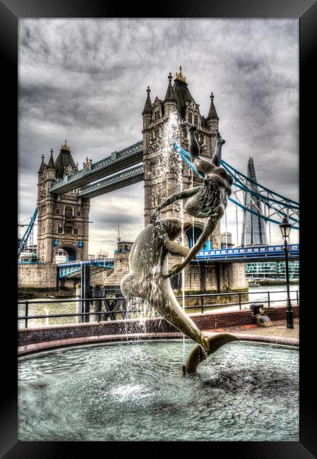 Tower Bridge and the Girl and Dolphin Statue Framed Print by David Pyatt