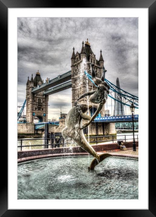 Tower Bridge and the Girl and Dolphin Statue Framed Mounted Print by David Pyatt