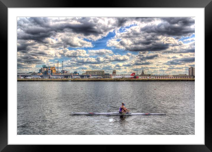 London City Airport Sculler Framed Mounted Print by David Pyatt