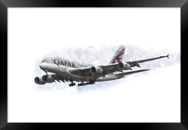 Qatar Airlines Airbus And Seagull Escort Art Framed Print by David Pyatt