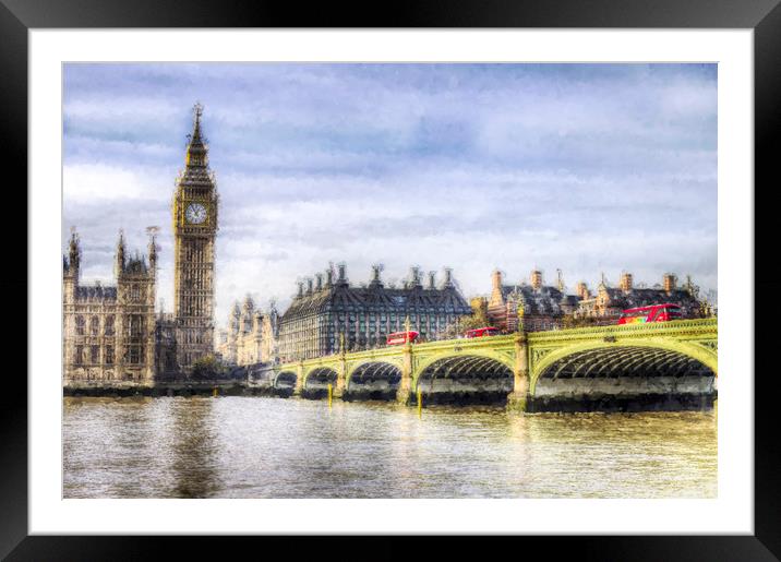 Westminster Bridge and London Buses Art Framed Mounted Print by David Pyatt