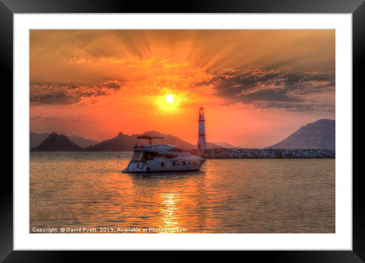 Lighthouse And Yacht Sunset Framed Mounted Print by David Pyatt