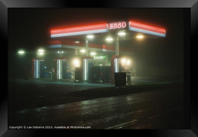 Filling Station At Night Framed Print by Lee Osborne