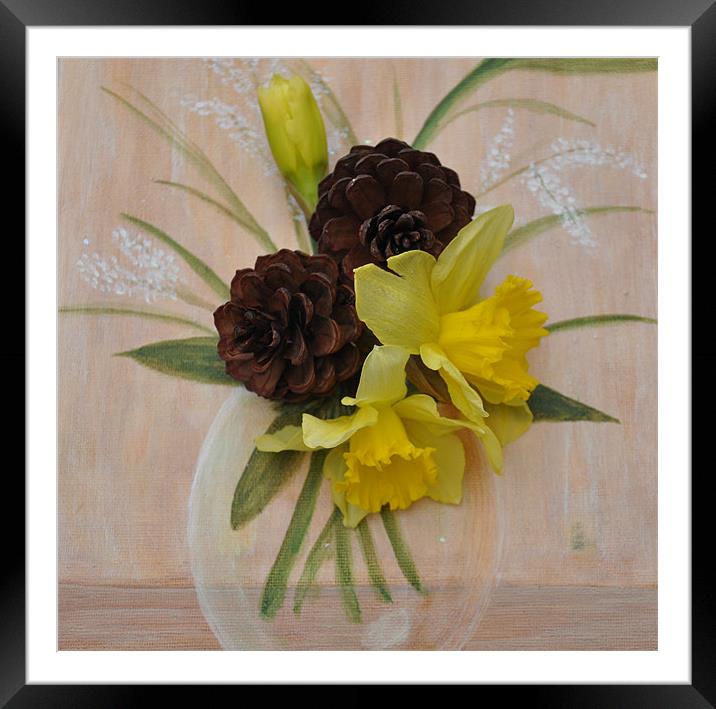 daffs and pine cones 3D Framed Mounted Print by sue davies