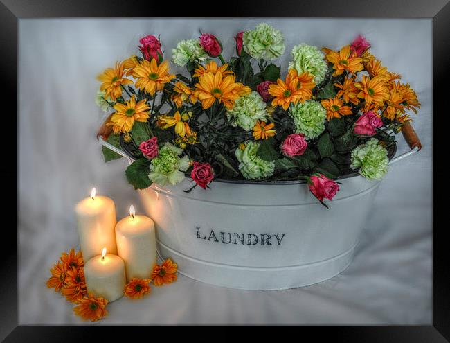  a tub of flowers by candlelight Framed Print by sue davies