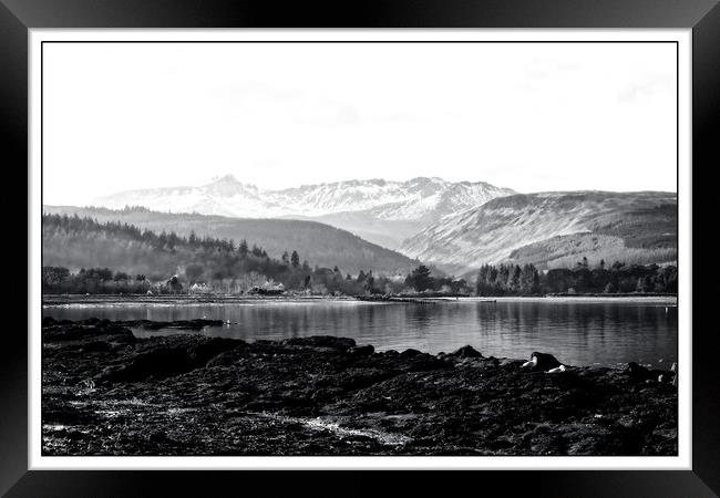 Brodick bay,Arran in mono Framed Print by jane dickie