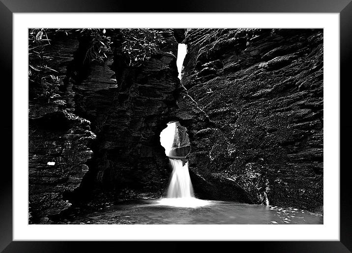 St Nectans Glen Waterfall Mono Framed Mounted Print by Paul Mirfin