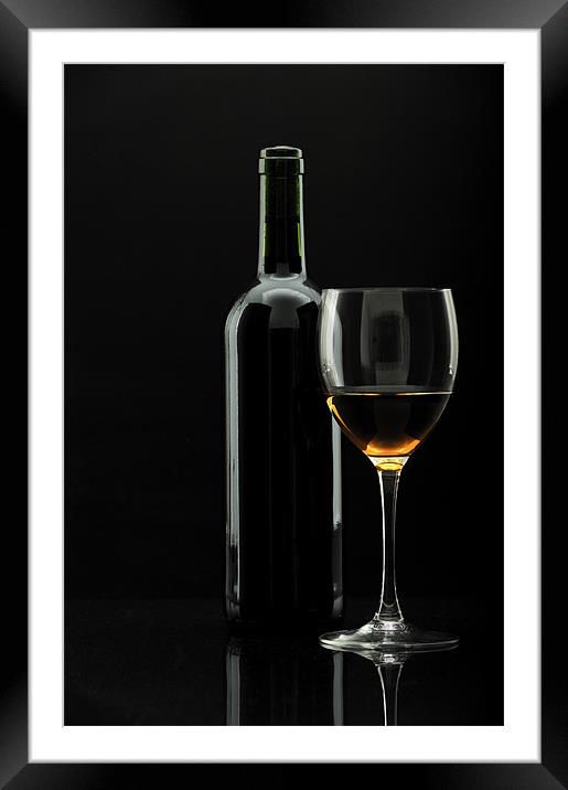 bottle of wine and wineglass over black, Framed Mounted Print by Josep M Peñalver