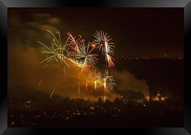 Brockham Fireworks And Church Framed Print by Clive Eariss