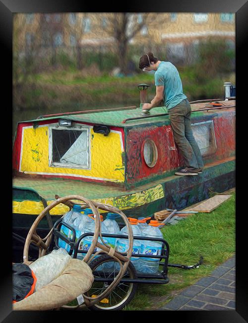 Working On A Canal Boat London Framed Print by Clive Eariss